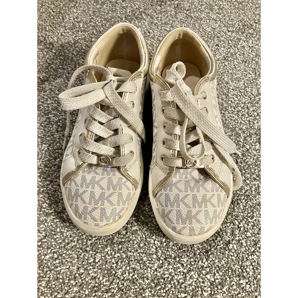 Michael Kors Girls Youth Size‎ 1 Lace up Sneakers Shoes Beige Gold MK Logo